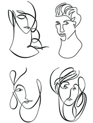 One line drawing of four woman portrait.
One continuous line drawing of different woman faces.