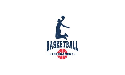 basketball logo with illustration of great looking basketball player jumping and about to throw basketball
