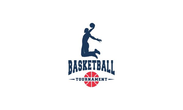 basketball logo with illustration of great looking basketball player jumping and about to throw basketball