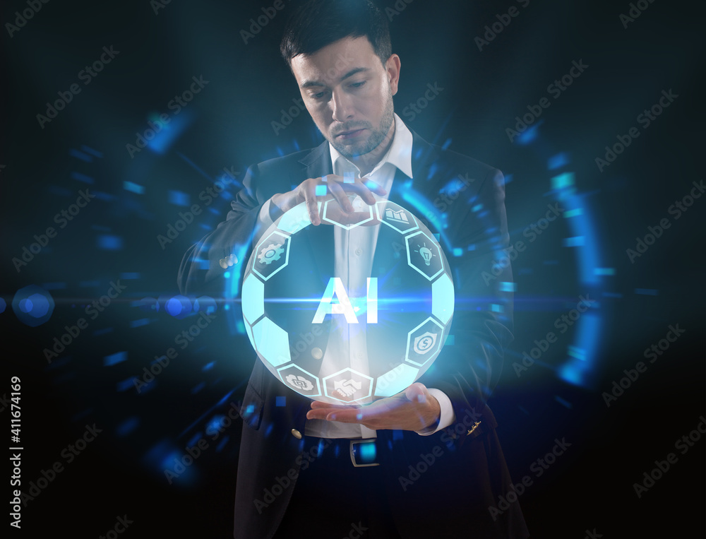 Wall mural business, technology, internet and network concept. young businessman working on a virtual screen of