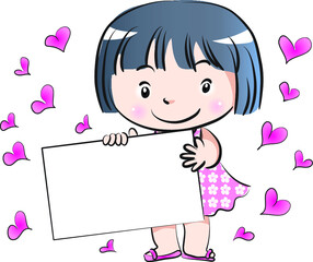 vector cartoon girl hold blank card border background