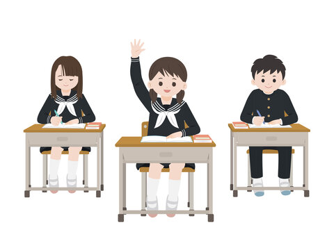 授業風景 勉強をする 手を挙げる 学生 生徒 イラスト素材 Stock Vector Adobe Stock