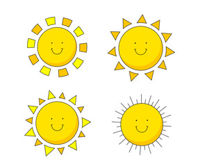 set of happy smiling sun with rays of light in four styles. vector illustration
