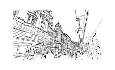 Building view with landmark of Belgrade is the
capital of Serbia. Hand drawn sketch illustration in vector.