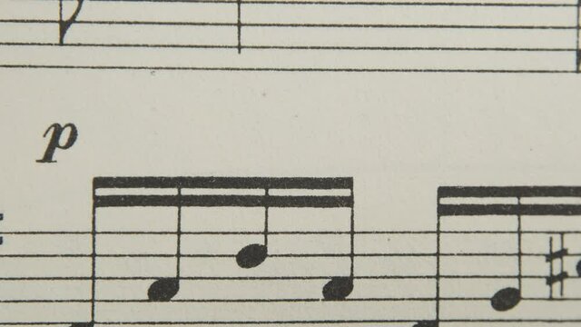 Stop motion, time laps close-up, musical sheet music background. Music collection, close-up.