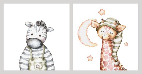 cute baby animals. portrait of giraffe and zebra. set of posters for the nursery. watercolor illustration