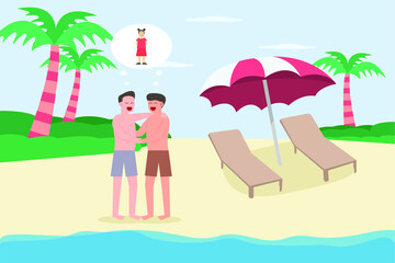 Obraz na płótnie Canvas LGBT vector concept: Gay couple imagining child together while enjoying holiday in the beach