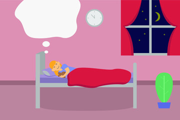 Girl sleeping on the bedroom with empty dream speech bubble at night