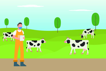 Obraz na płótnie Canvas Farm vector concept: Young farmer checking his cows in the meadow while wearing face mask in new normal
