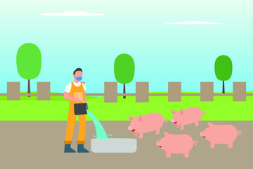 Farm vector concept: Young farmer giving water to a herd of pigs in the farm while wearing face mask in new normal