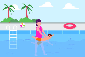 Obraz na płótnie Canvas Leisure time vector concept: Young mother teaching his son to swim in the pool while enjoying leisure time 