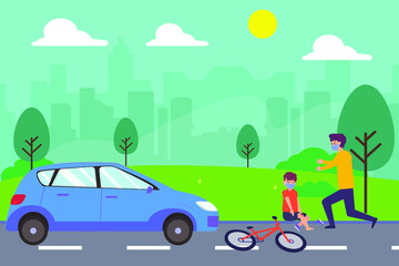 Accident vector concept: Little boy crying on the road with accident while young man helping little boy 