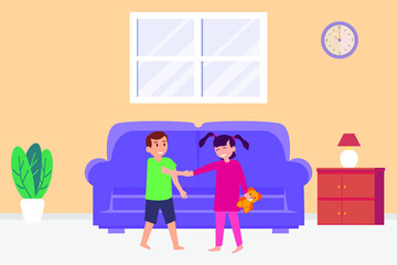 Handshaking vector concept: Little daughter and little son handshaking together while playing at home