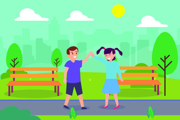 Obraz na płótnie Canvas Leisure time vector concept: Little girl and boy doing high five while playing in the park together