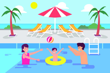 Leisure time vector concept: Little son and young parents swimming together in the pool while enjoying quality time 