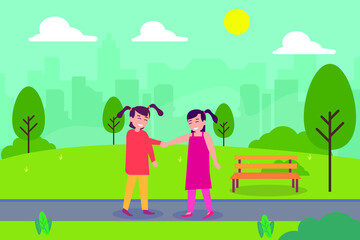 Obraz na płótnie Canvas Handshaking vector concept: Two little girls handshaking each other while standing in the park