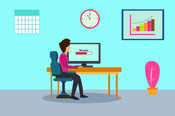 Businessman cartoon character looking at recovery bar status on the computer monitor with growing financial graph on the wall