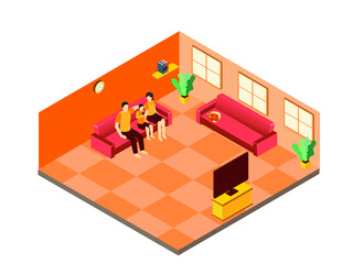 Happy family enjoying junk foods together while watching tv and sitting on the sofa in the living room at home. Isometric vector concept