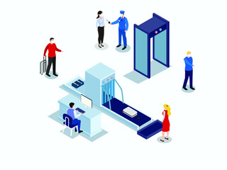 Obraz na płótnie Canvas Passenger with luggage at airport security checkpoint gate in airport. Isometric vector concept