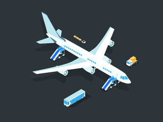 Airplane on the runway with passenger bus, stairs, and luggage car. Isometric vector concept