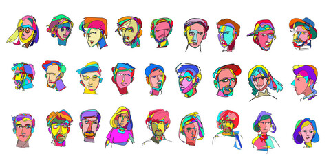 Vector doodle illustration continuous drawing of colorful people face, masker, mask in pop art style in white background.