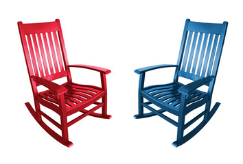 Red republican and blue democrat political parties represented by empty rocking chairs in america