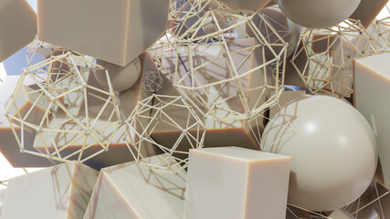 Abstract art of cubes, spheres and wireframe objects
