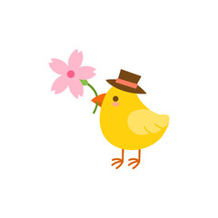Cute chick in a hat holding a cherry blossom.