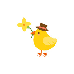 Cute chick in a hat holding forsythia flower.