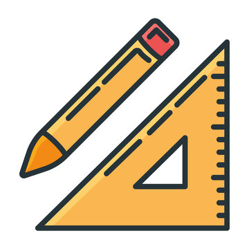 recommend clip art: Concept pencil, wooden ruler triangle icon, writing pen and measuring utensils stuff for drawing flat line vector illustration art, isolated on white.