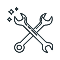 Concept wrench construction tool icon, spanner toolkit professional instrument flat line vector illustration, isolated on white.