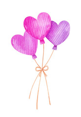 Watercolor set with bunch of heart-shaped festive balloons in purple and pink colors isolated on white background. Romantic clipart for Valentine's Day. Perfect for greeting cards, invitations, decor.