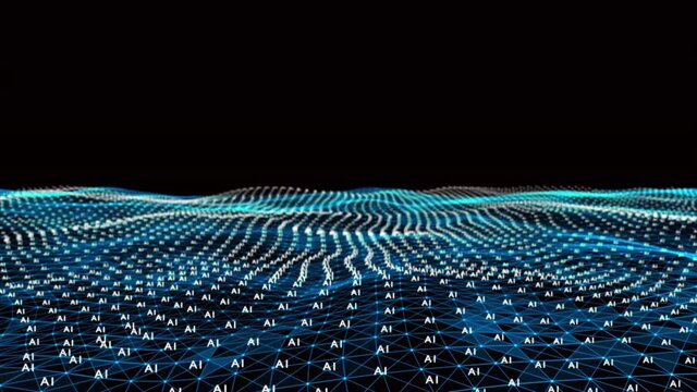 4k abstract Digital blue Wave of particles with AI word dance motion on wave and light.Futuristic dots background with a dynamic wave.Big data.Cyber or technology background.artificial intelligence.