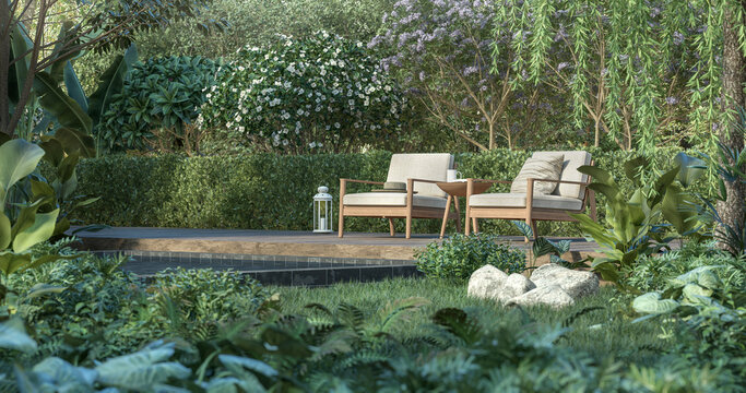 Wooden terrace in the tropical garden 3d render, There are a wooden floor , green plant fence,Decorated with wood and white fabric chair,Surrounded by nature.