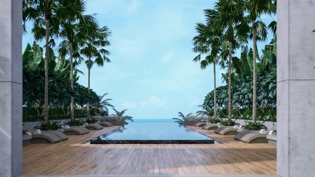 Animation of the gate to tropical style swimming pool terrace 3d render,There has wooden floors,black marble tile,decorated with rattan furniture, surrounded by tropical plant.