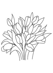 Bouquet of spring flowers isolated on white background. Outline drawing, line art, coloring book.