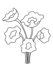 Bouquet of spring flowers isolated on white background. Outline drawing, line art, coloring book.