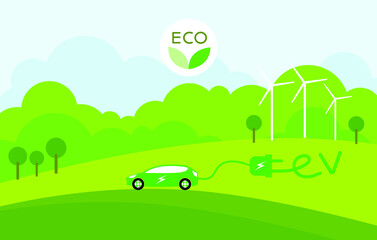 EV car, Electric car clean energy environment friendly, Electric car with power cable and electric plug with nature tree.