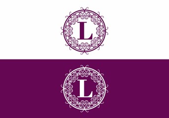 Purple L initial letter in circle vintage frame