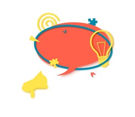 Red speech bubble and megaphone in paper cut art. Memphis style banner with bulb sign and puzzle shape. Yellow round sticker with place for promotion text, price tag, sale ad. Vector illustration