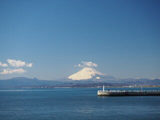 雄大な富士山と船着き場