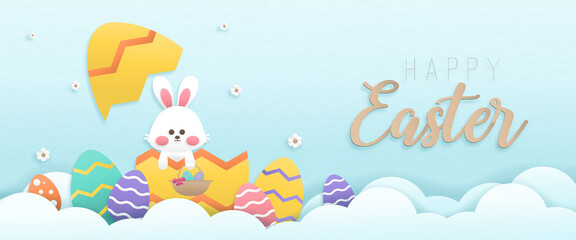 Happy easter day card design color pastel background wallpaper paper art style with bunny holding basket and eggs vector illustration.