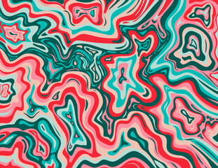 Digital marbling or inkscape illustration of an abstract swirling,psychedelic, liquid marble and simulated marbling in the style of Suminagashi Kintsugi marbled effect in Coquelicot and Congo Pink.
