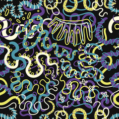 vector colorful freeform lines overlapped seamless pattern on black