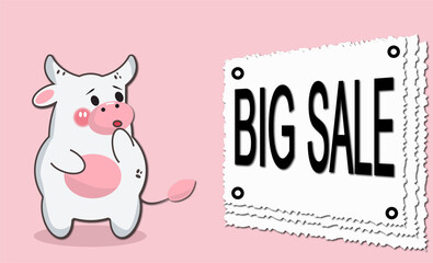 big sale for new year and christmas with cow sale, banner big sale with cute cartoon animals stand up kawaii, surprised bull
