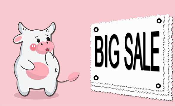 big sale for new year and christmas with cow sale, banner big sale with cute cartoon animals stand up kawaii, surprised bull
