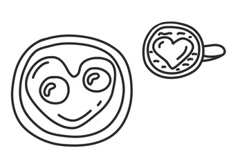 Hand drawn doodle heart shaped eggs and coffee with a heart just about love or for Valentine's day.