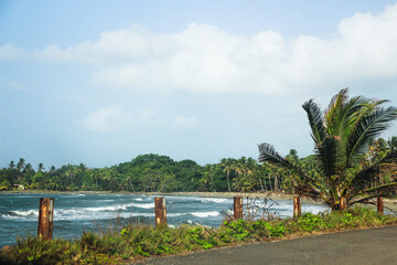 Playa del Caribe en Panam&aacute; con cerca de metal oxidado y palmas.