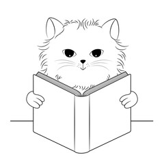 Cute cat reading book. Cartoon character design. Outline illustration.