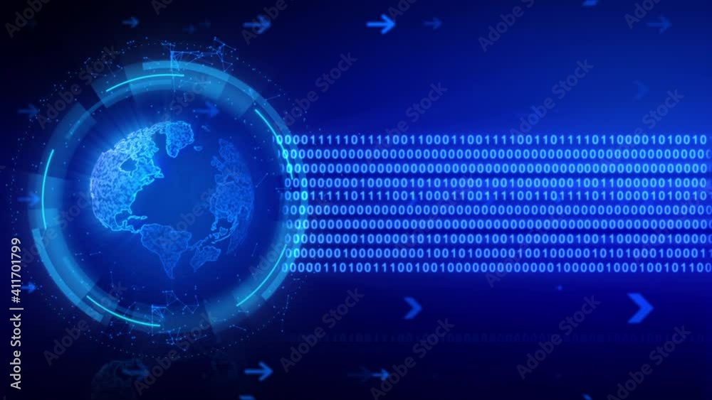 Poster global spinning with data transfer arrow and random digit number for communication concept, the eart